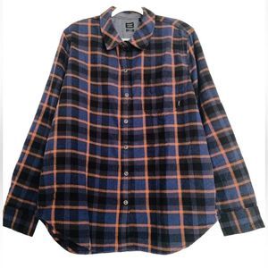 NWT Prana Flannel Plaid Button Down Shirt Women’s L Navy Orange Western Skater